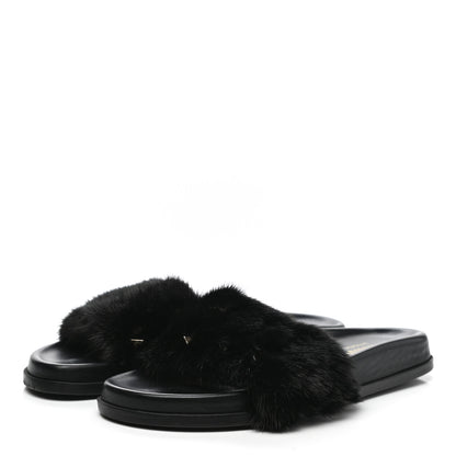 Valentino Garavani Mink Fur Rockstud Slide Sandals 39 Black 3 of 8