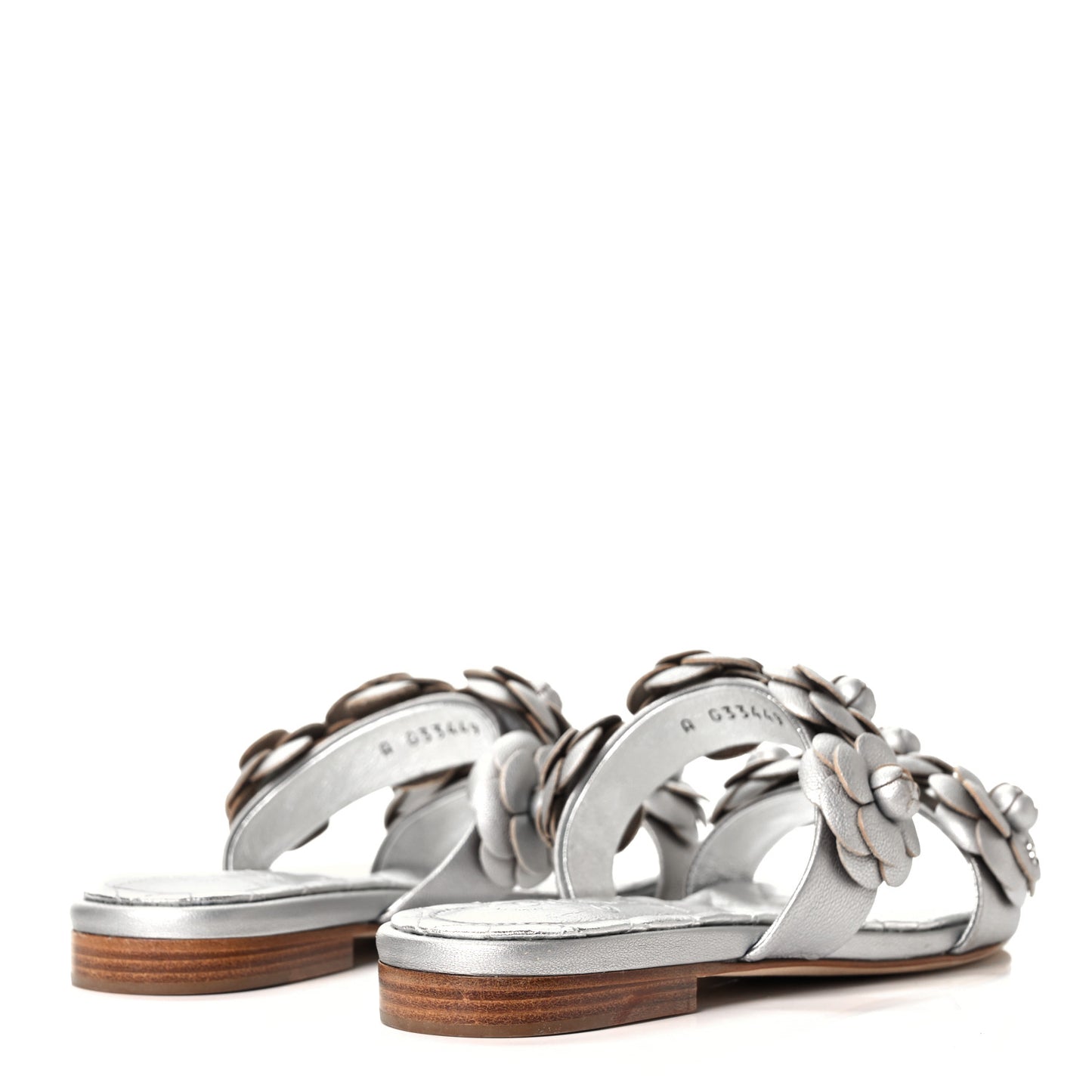 Metallic Lambskin Camellia Slide Sandals 35 Silver
