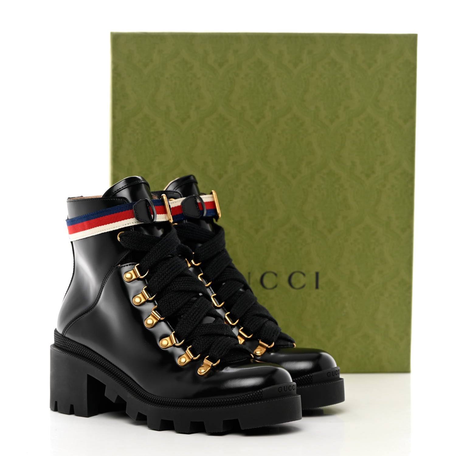Gucci Calfskin Sylvie Web Womens Lace Up Combat Boots 37.5 Black 12 of 12