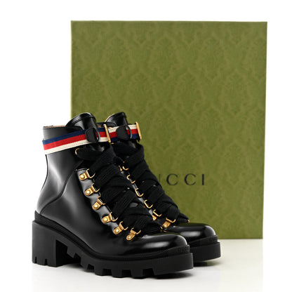 Gucci Calfskin Sylvie Web Womens Lace Up Combat Boots 37.5 Black 12 of 12
