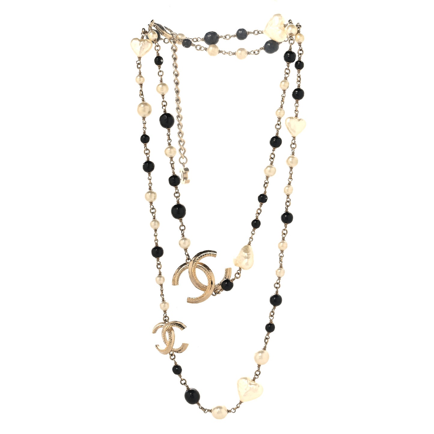Pearl Bead Heart CC Long Necklace Gold Black