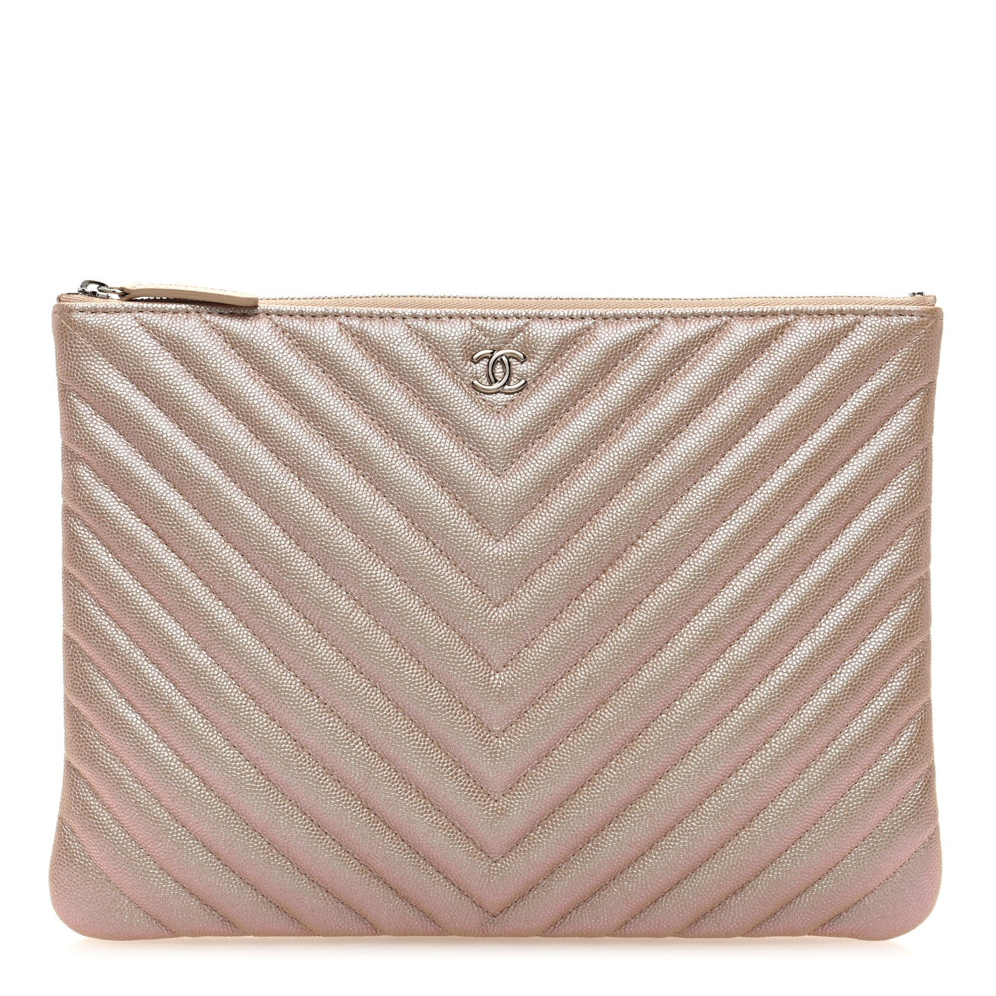 Iridescent Caviar Chevron Quilted Medium Cosmetic Case Light Gold