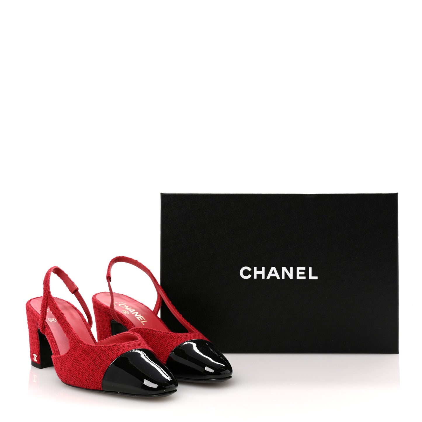 Tweed Patent Cap Toe CC Slingback Pumps 39.5 Red Black