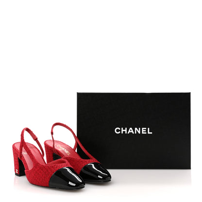 Chanel Tweed Patent Cap Toe CC Slingback Pumps 39.5 Red Black 13 of 13