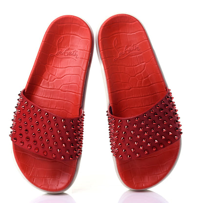 Christian Louboutin LOUBOUTIN Calfskin Spiked Crocodile Embossed Rubber Pool Fun Platform Flat Slide Sandals 42 Red 6 of 14