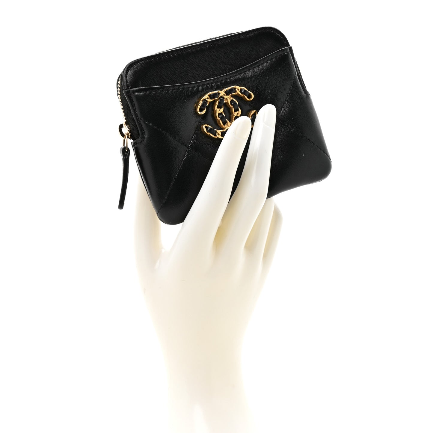 Lambskin Quilted Chanel 19 Zip Card Holder Wallet Black