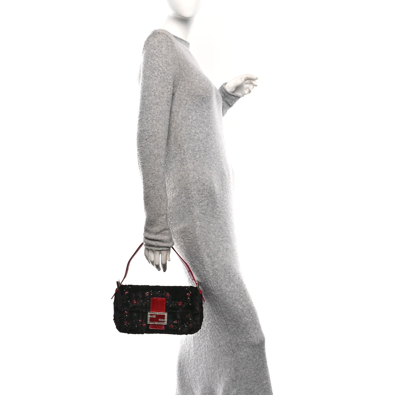 Fendi Rabbit Fur Lizard Crystal Beaded Rose Baguette Brown Red 2 of 10