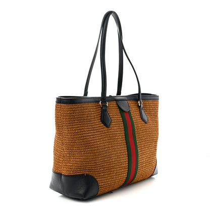 Gucci Straw Lux Calfskin Web Medium Ophidia Shopping Tote Dark Natural Blue 3 of 14
