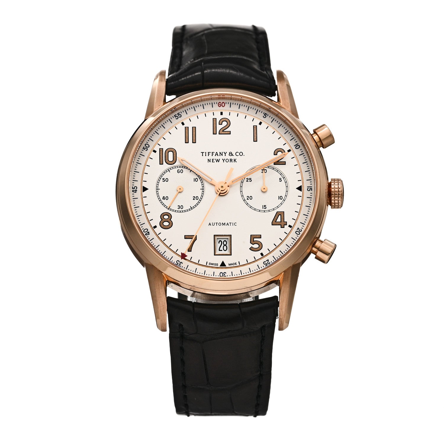 Tiffany 18K Rose Gold Alligator 42mm CT60 Chronograph Automatic Watch 1 of 5