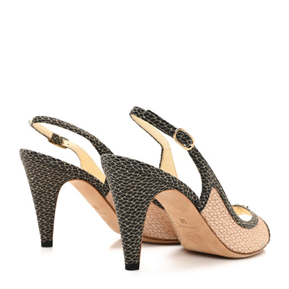 Chanel Calfskin Mesh Pearl CC Peep Toe Slingback Pumps 36 Salmon Black 5 of 9