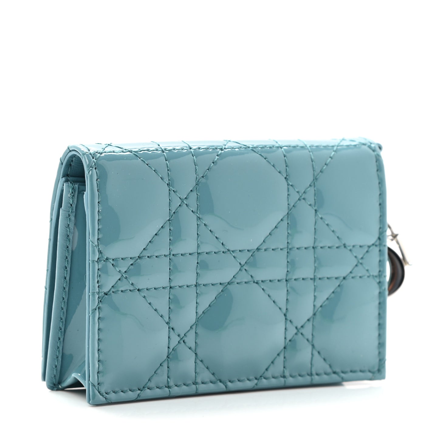 Patent Cannage Small Lady Dior Flap Card Holder Gray Stone
