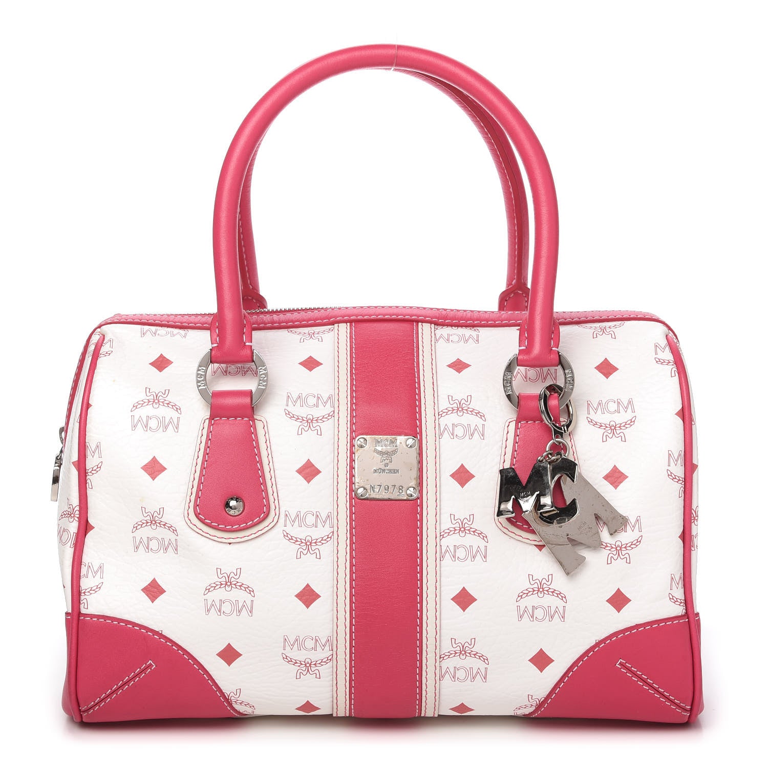 MCM Visetos Medium Boston Bag Pink White 1 of 10