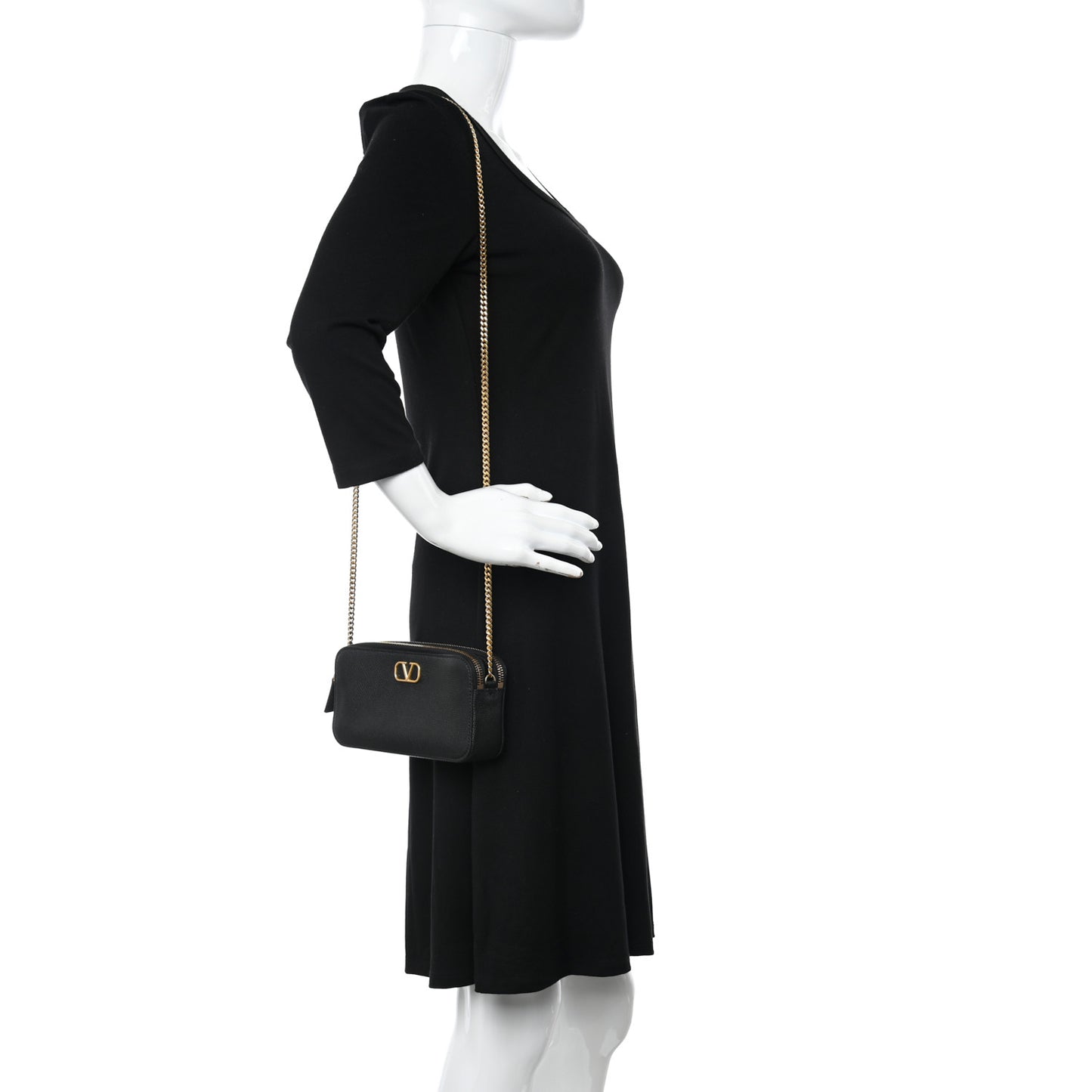 Grainy Calfskin VLogo Double Zip Camera Crossbody Bag Black