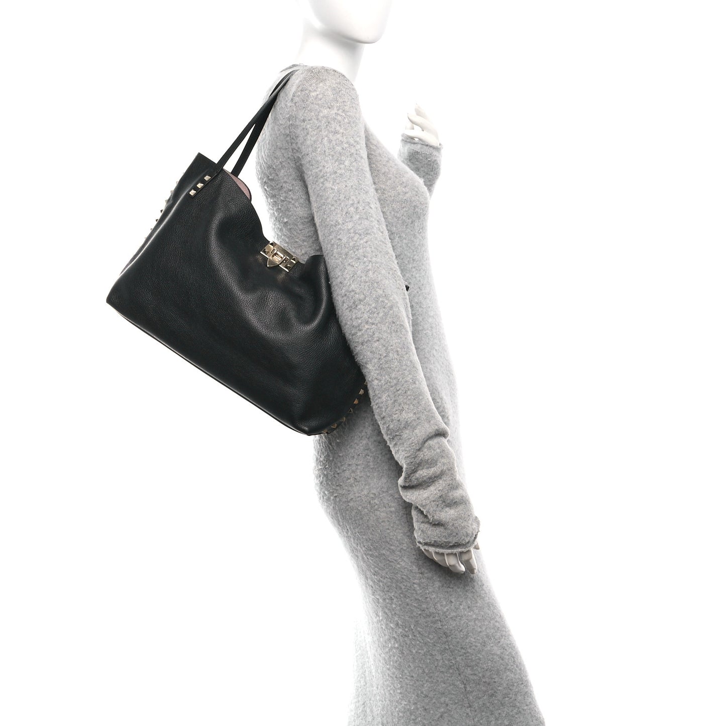Grained Calfskin Small Rockstud Flip Lock Tote Black Rose Quartz