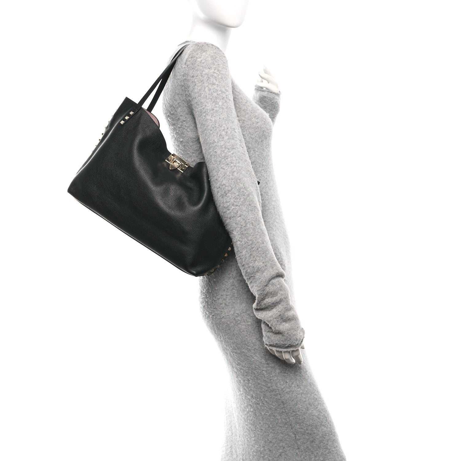 Valentino Garavani Grained Calfskin Small Rockstud Flip Lock Tote Black Rose Quartz 2 of 9