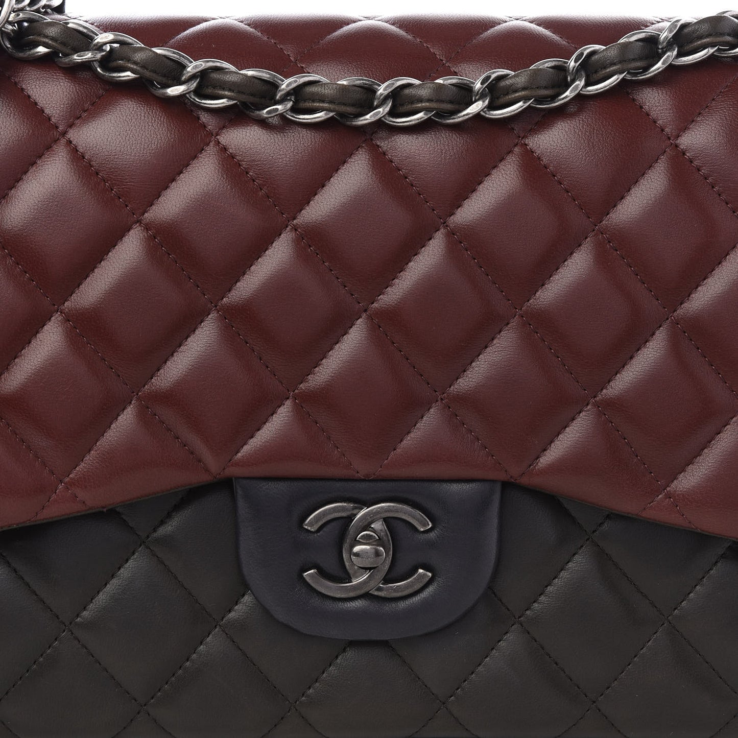 Lambskin Quilted Jumbo Tri-Color Double Flap Burgundy