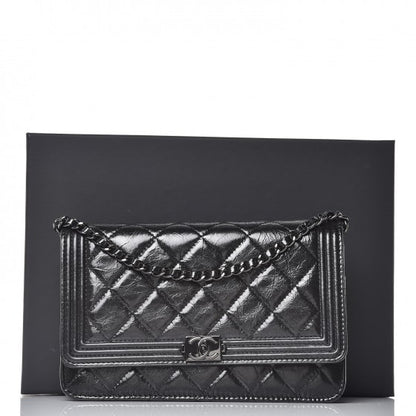 Chanel Shiny Aged Calfskin Quilted Boy Wallet On Chain WOC So Black 12 of 12