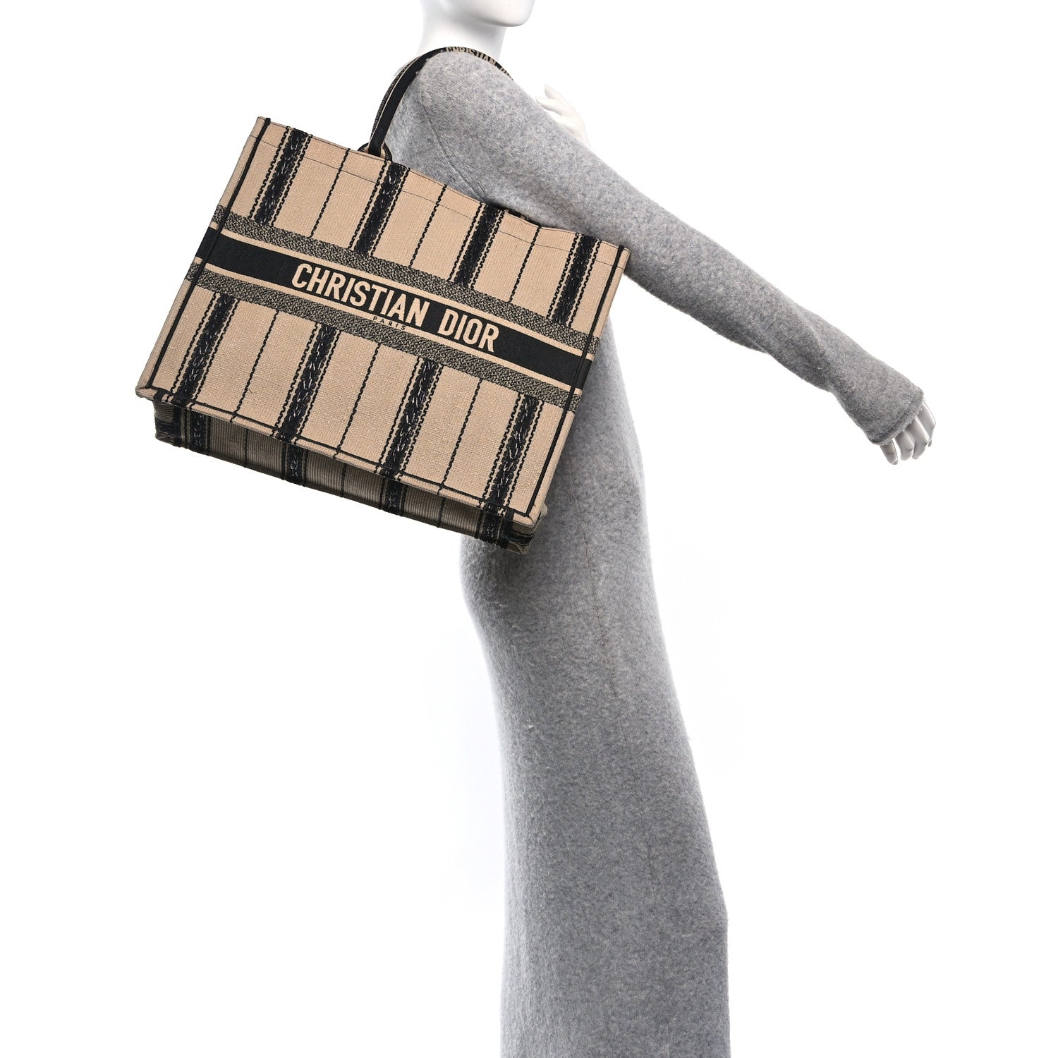 Christian Dior Canvas Embroidered Large Bayadere Book Tote Black Beige 3 of 11