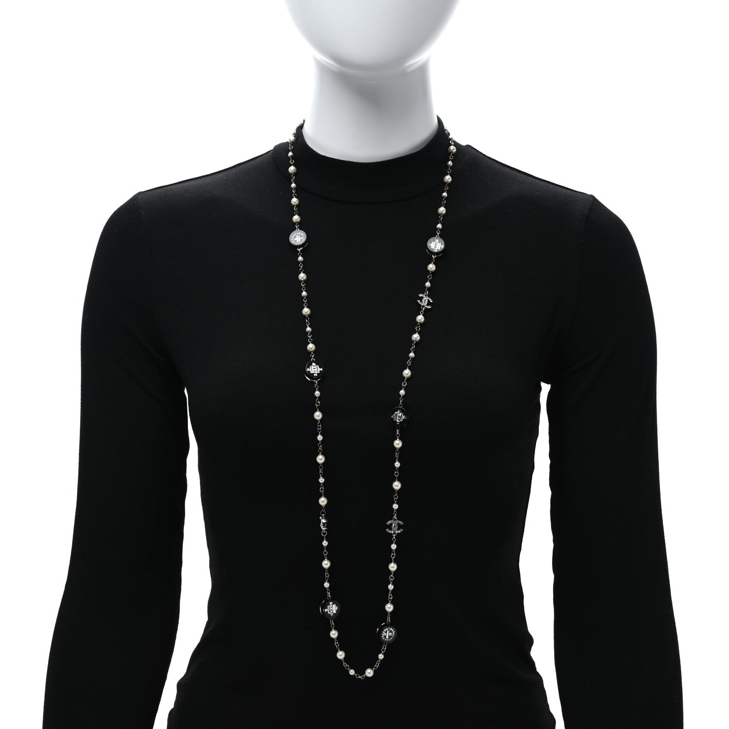 Chanel Resin Pearl Crystal CC Long Necklace Black Silver 3 of 4