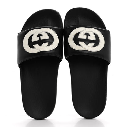 Gucci Nappa Miro Soft Calfskin Womens Interlocking G Slide Sandals 37 Black White 2 of 12
