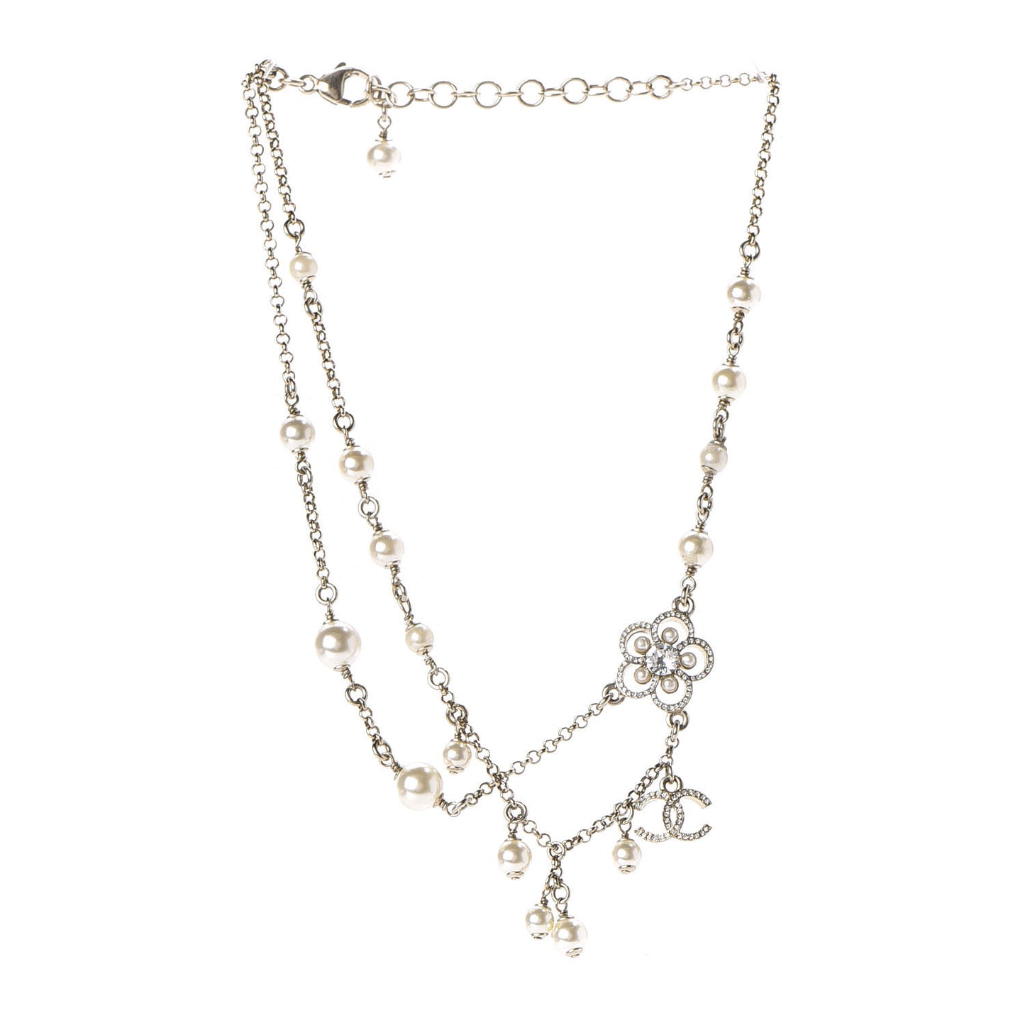 Pearl Crystal Flower CC Necklace Gold