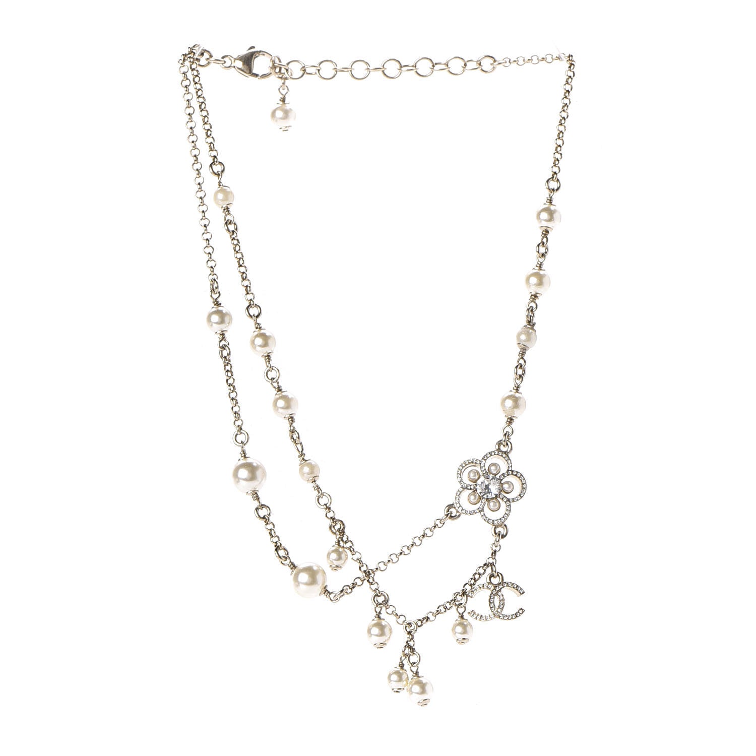 Chanel Pearl Crystal Flower CC Necklace Gold 4 of 11