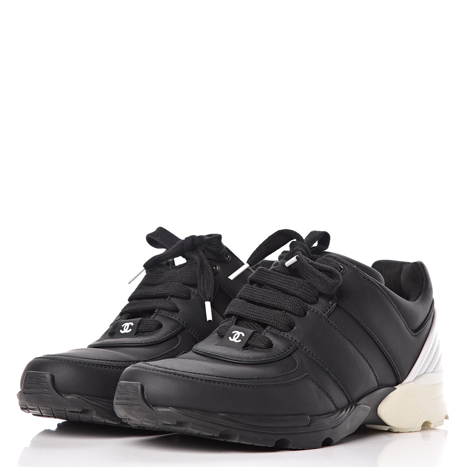 Chanel Calfskin Lambskin Womens CC Sneakers 39.5 Black White 3 of 9