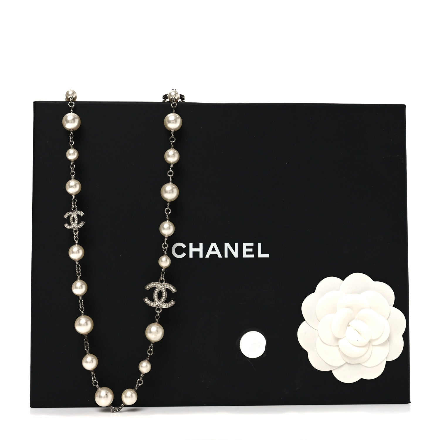 Chanel Crystal Pearl CC Long Necklace Silver 1806808 – FASHIONPHILE