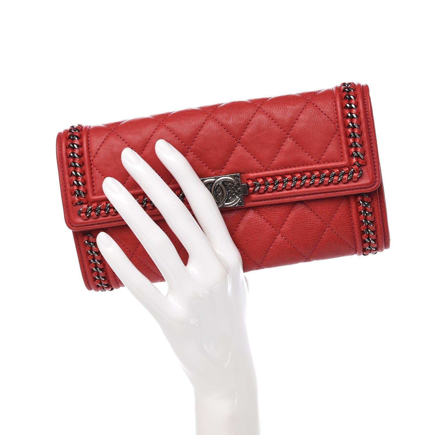 Chanel Calfskin Quilted Boy Chain Around Flap Wallet Red 2 of 8