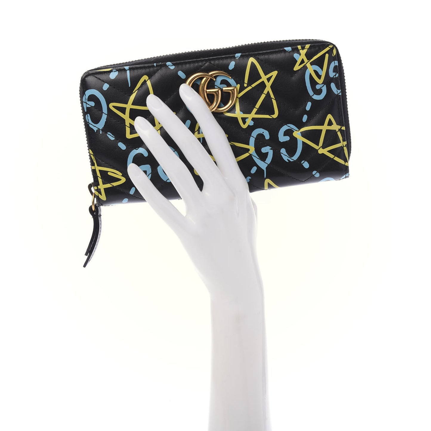 Calfskin Matelasse GucciGhost GG Marmont Zip Around Wallet Black New Acquamarine