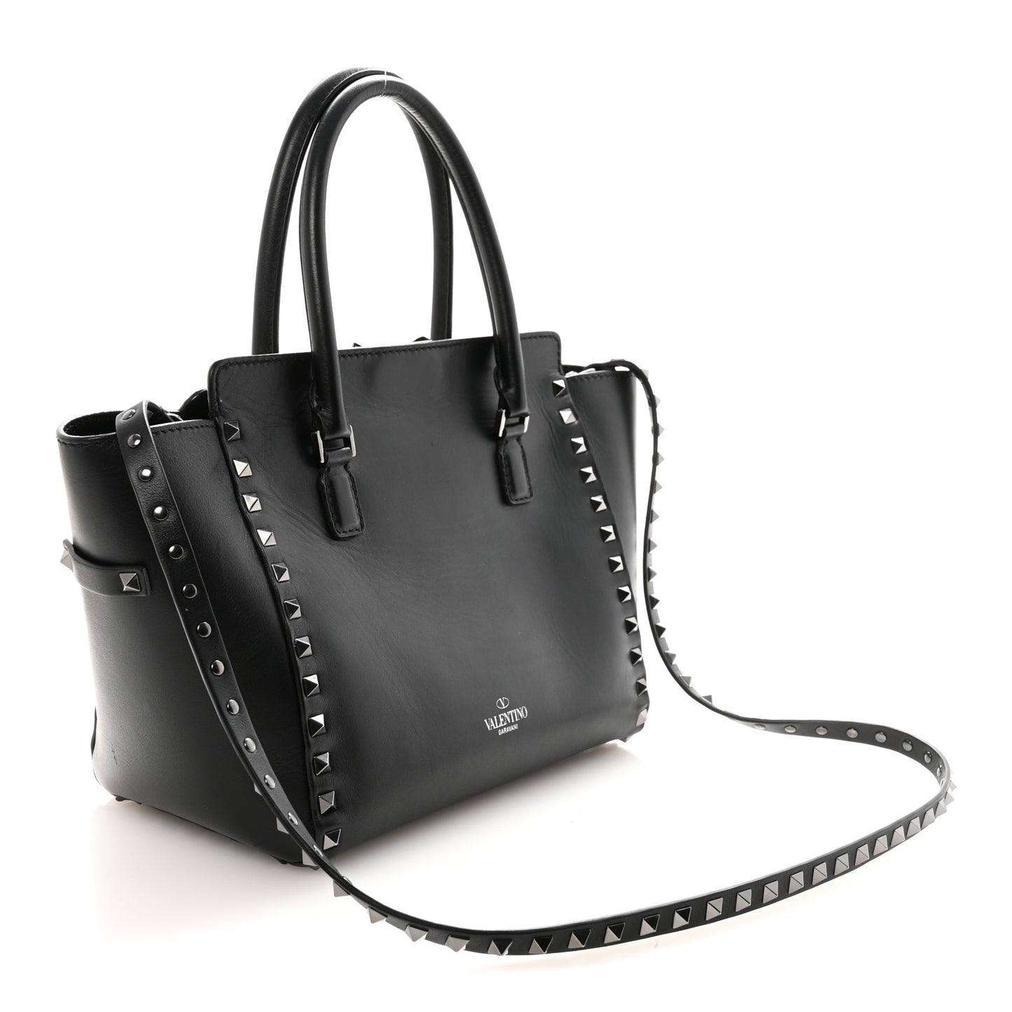 Vitello Small Rockstud Double Handle Tote Black