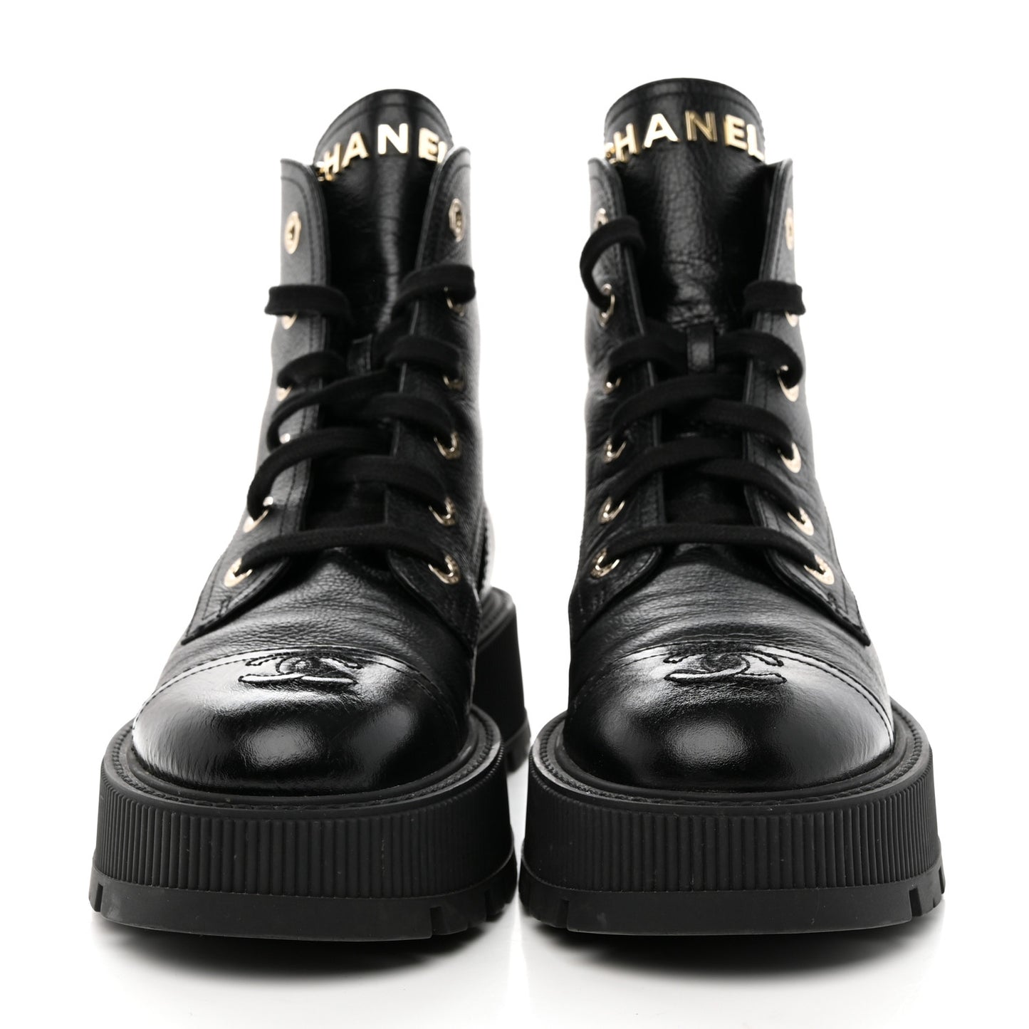 Calfskin CC Lace Up Combat Boots 38 Black