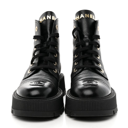 Chanel Calfskin CC Lace Up Combat Boots 38 Black 2 of 16