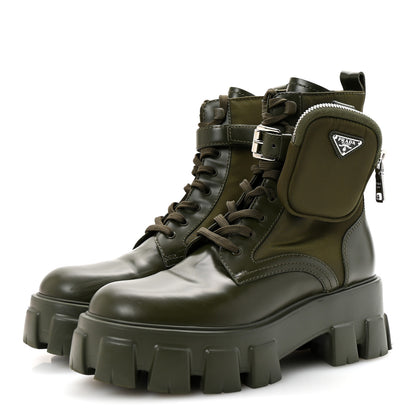 Prada Spazzolato Rois Re-Nylon Metal Triangle Logo Monolith Pouch Pocket 55mm Boots 37.5 Militare 4 of 9