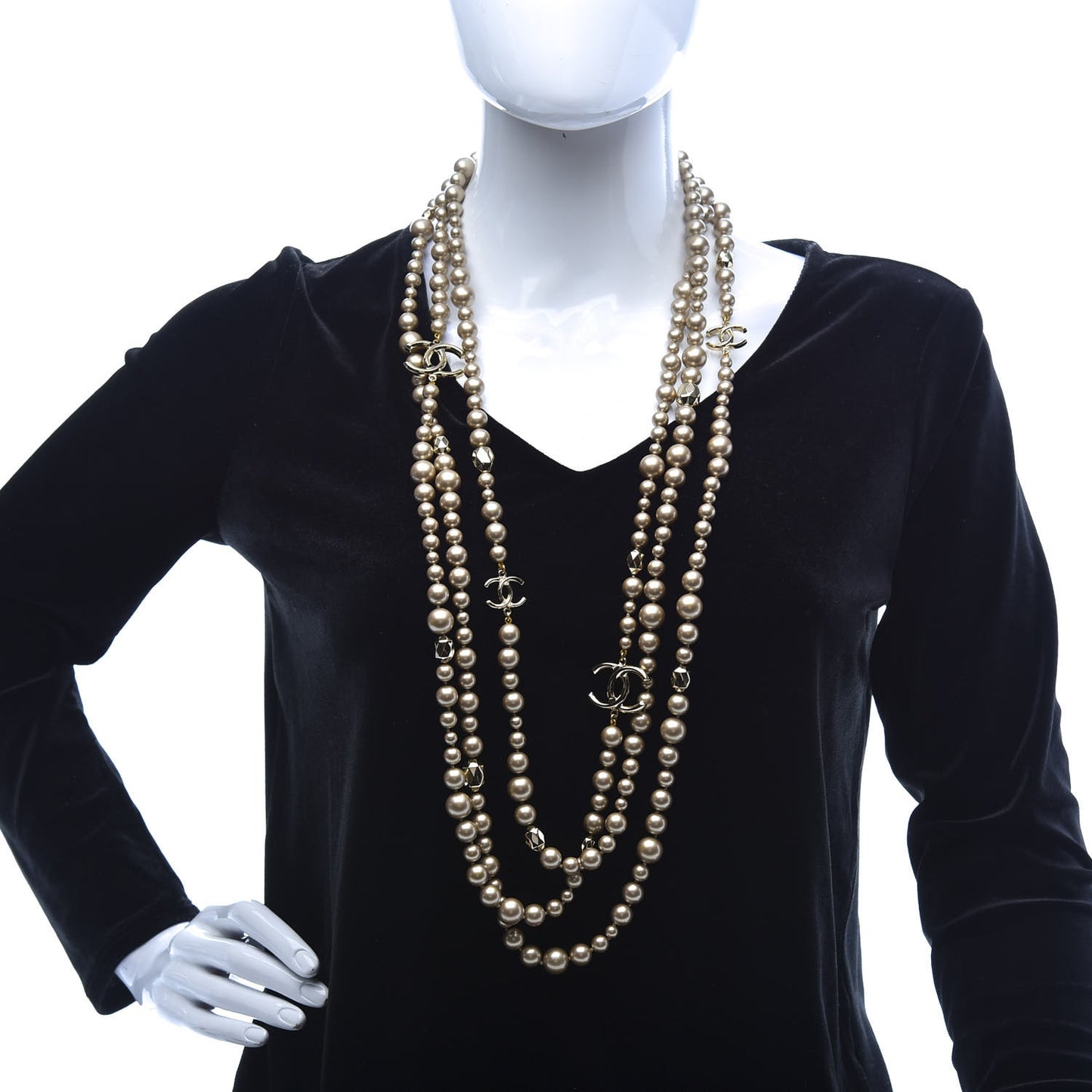 Pearl Crystal CC Triple Strand Necklace Light Gold