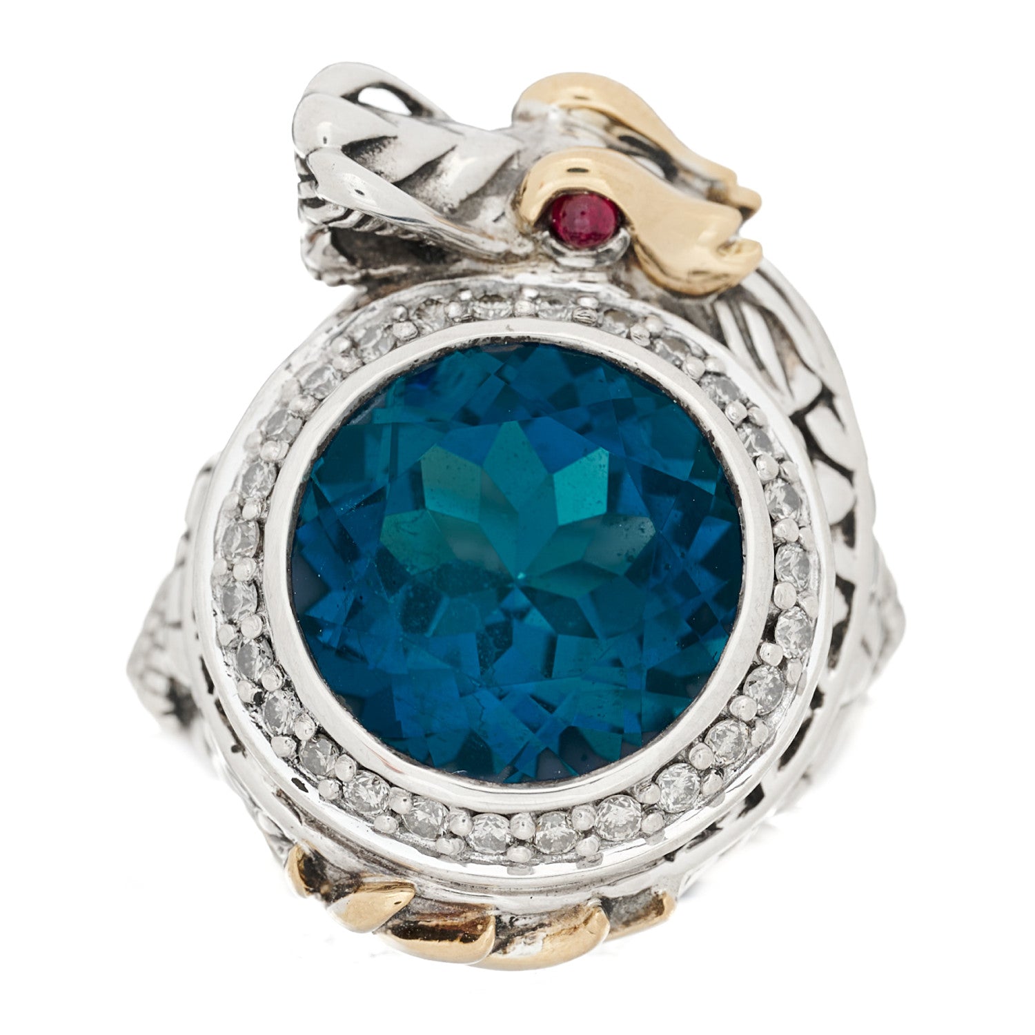 John Hardy Sterling Silver 18K Yellow Gold Diamond Blue Topaz Ruby Naga Dragon Ring 55 7.25 1 of 5