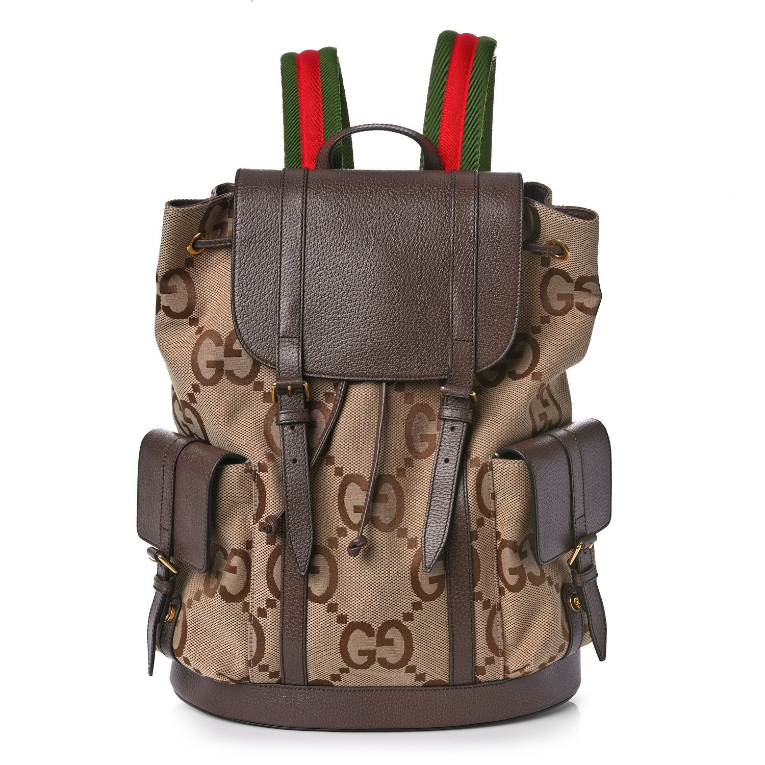 Gucci Monogram Jumbo GG Textured Dollar Calfskin Web Double Buckle Backpack Camel Ebony New Acero 1 of 9