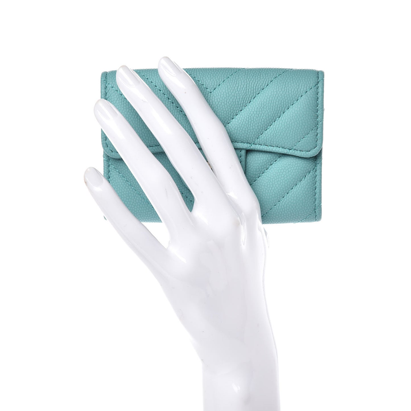 Caviar Chevron Quilted Card Holder Wallet Turquoise
