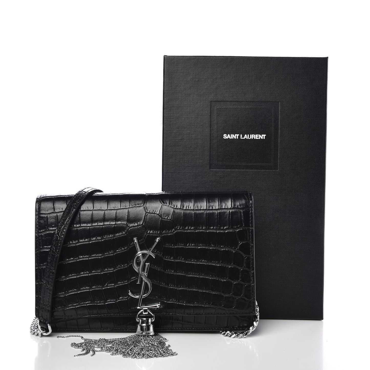 Calfskin Crocodile Embossed Kate Monogram Tassel Chain Wallet Black