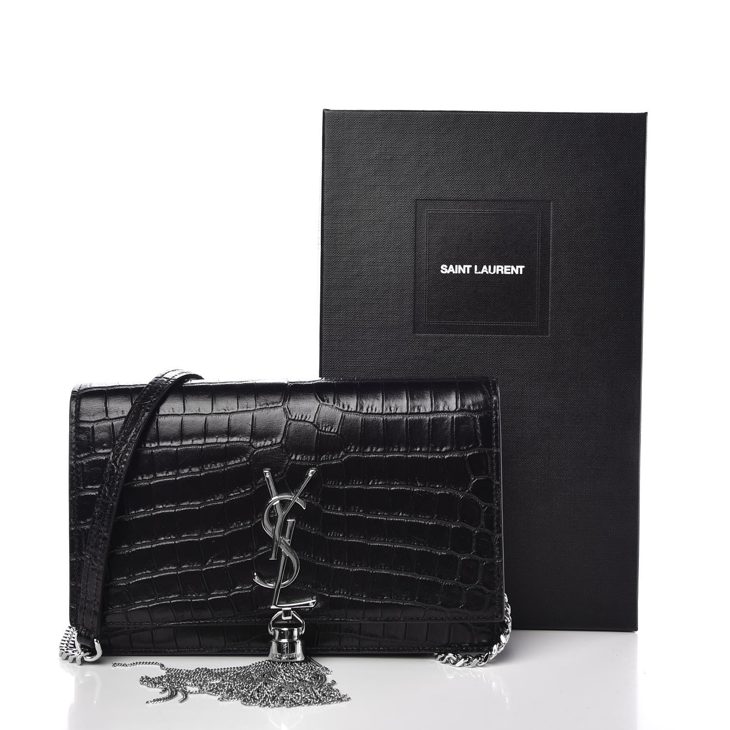 Saint Laurent Calfskin Crocodile Embossed Kate Monogram Tassel Chain Wallet Black 8 of 8