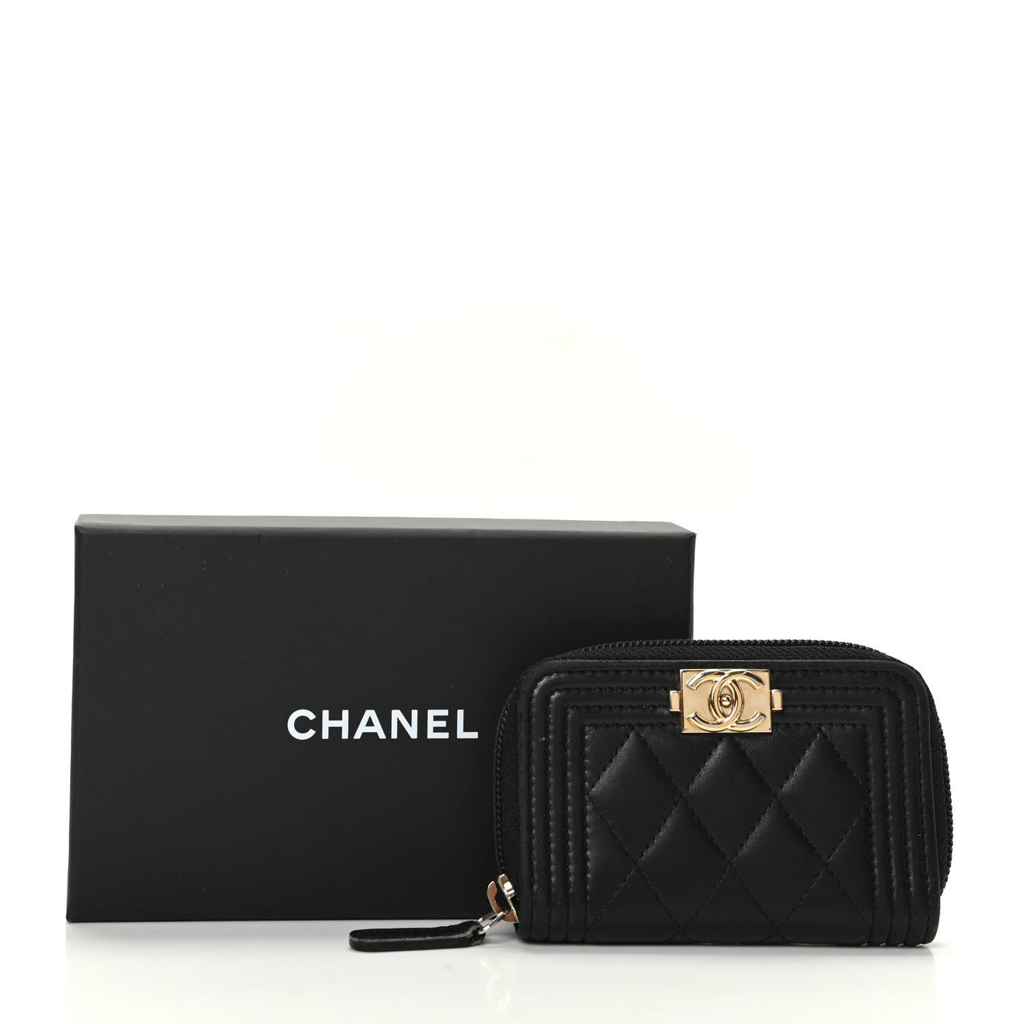 Lambskin Quilted Zip Around Boy Coin Purse Wallet Black