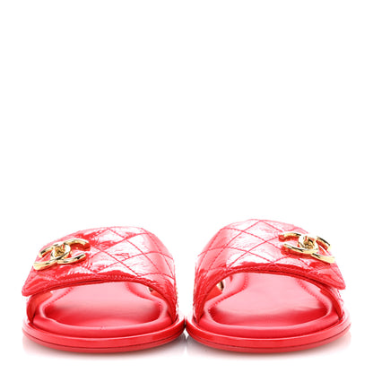 Chanel Patent Goatskin Quilted CC Sandals 38 Dark Pink 3 of 10