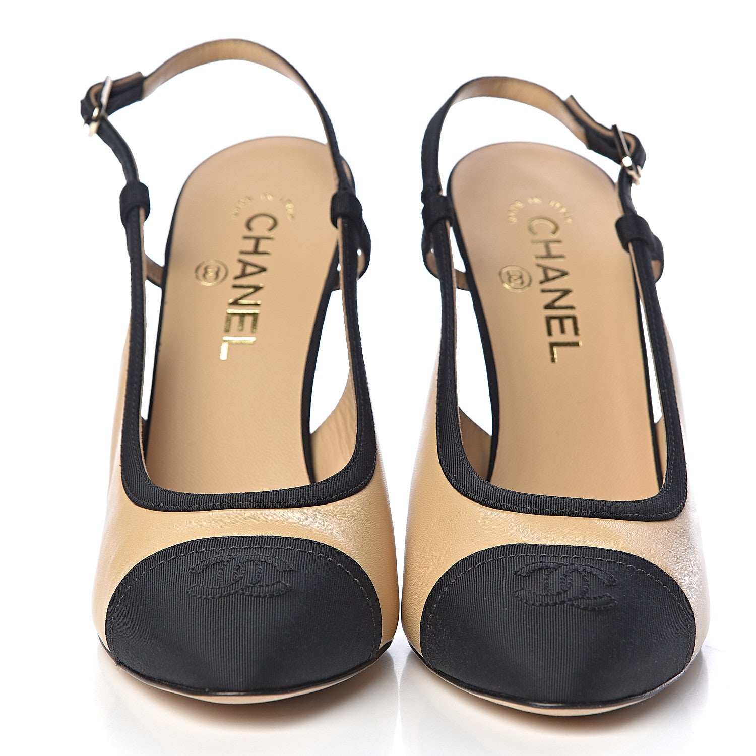 Chanel Lambskin Grosgrain Cap Toe CC Slingback Pumps 39.5 Beige Black 2 of 9