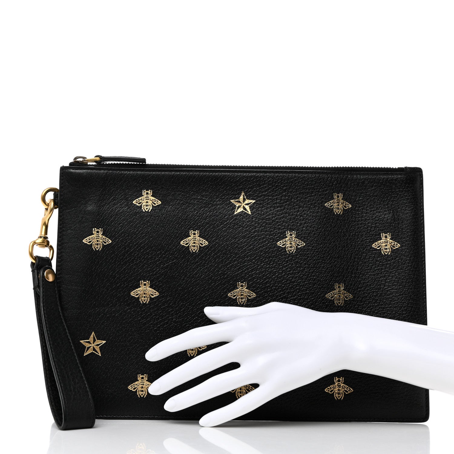 Gucci Dollar Calfskin Boar Effect Bee Star Zip Wristlet Pouch Black 2 of 8