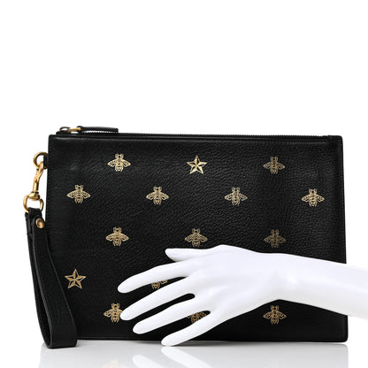 Gucci Dollar Calfskin Boar Effect Bee Star Zip Wristlet Pouch Black 2 of 8