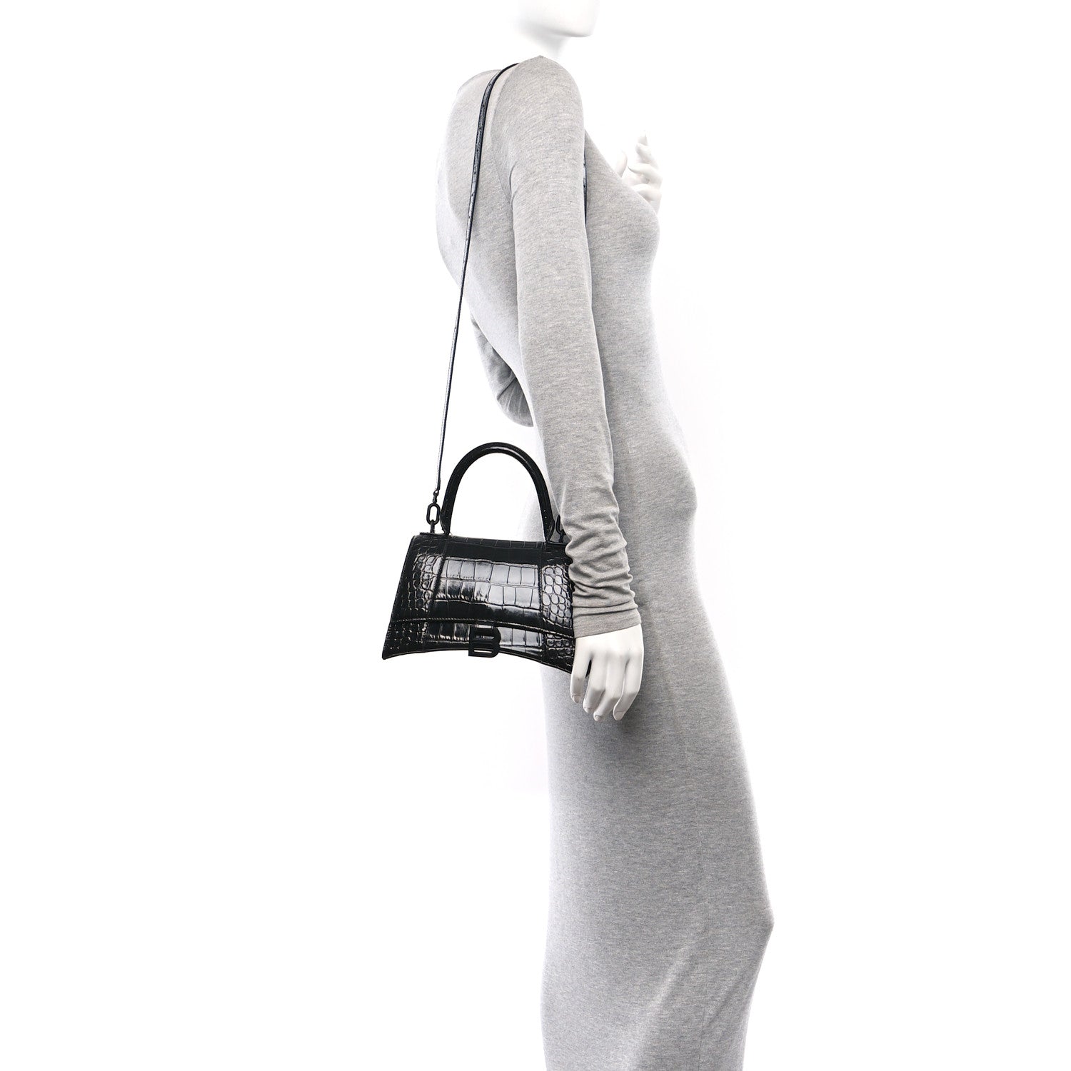 Balenciaga Shiny Calfskin Monochrome Crocodile Embossed Small Hourglass Top Handle Bag Black 2 of 10