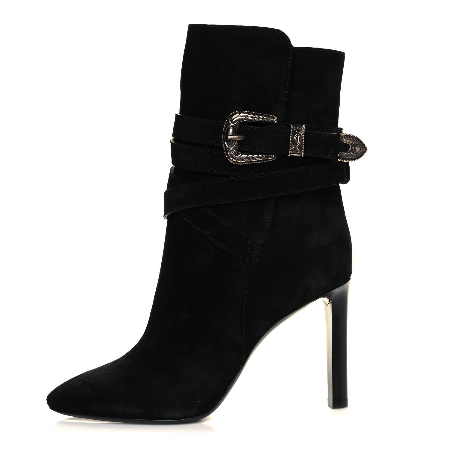 Saint Laurent Suede Mica Buckle Western Ankle Booties 40 Black 1 of 8