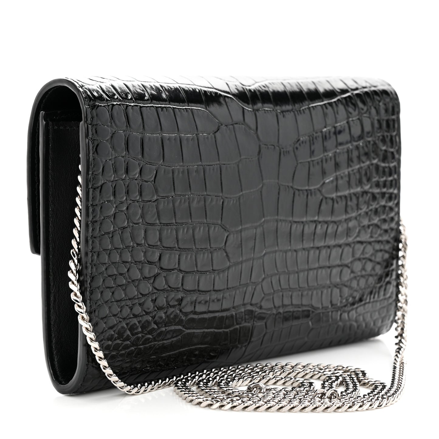 Calfskin Crocodile Embossed Monogram Uptown Chain Wallet Black
