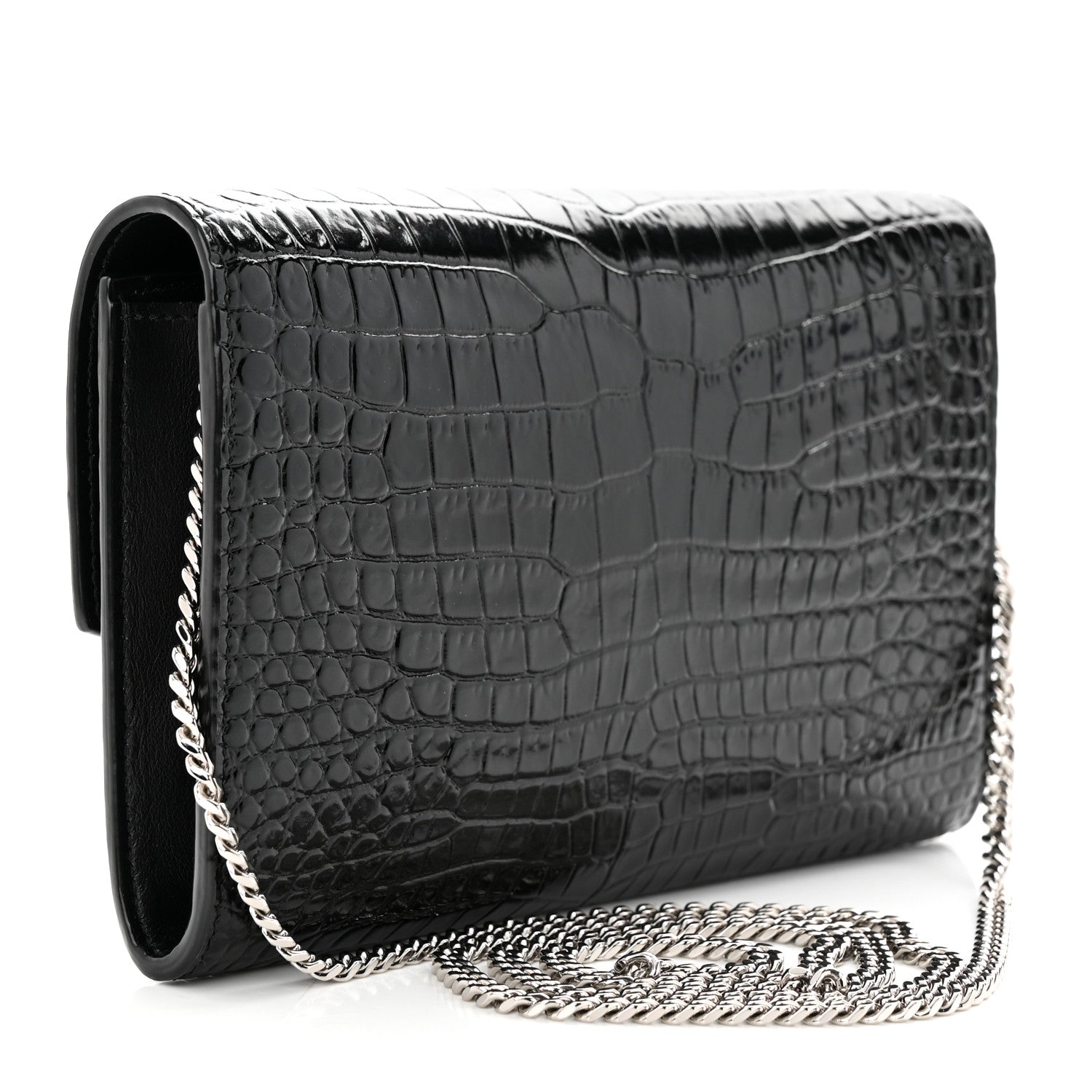 Saint Laurent Calfskin Crocodile Embossed Monogram Uptown Chain Wallet Black 3 of 12
