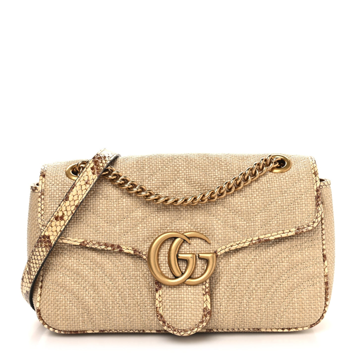 Raffia Elaphe Matelasse Small GG Marmont Shoulder Bag Natural Cream Brown
